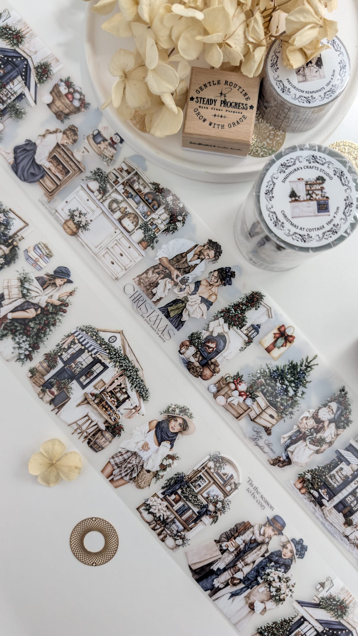 Christmas at Cottage - Vintage Christmas Matte PET Tape - Santa, Festive Cottages & Winter Journaling Sticker Roll – 10m