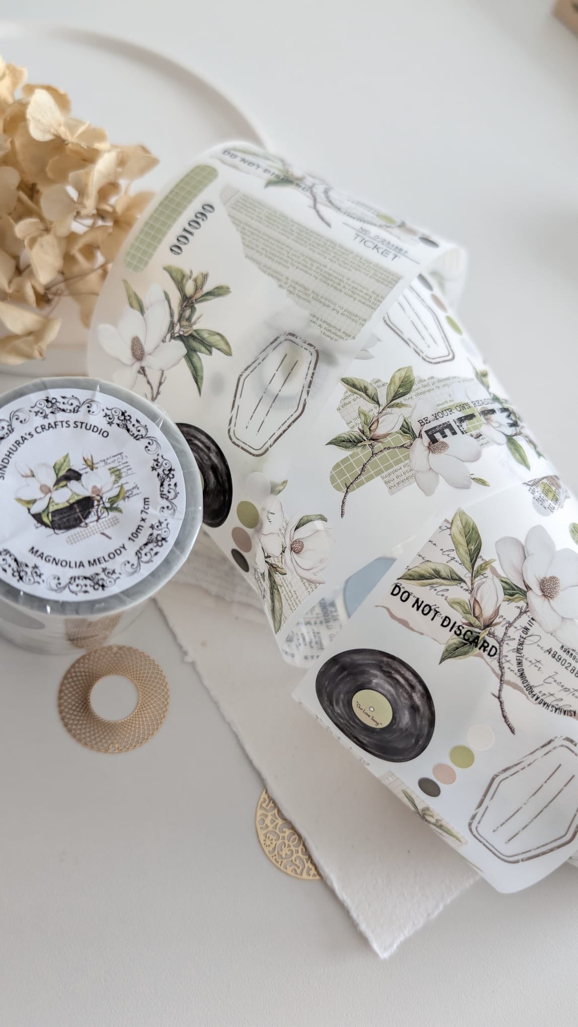 Magnolia Melody Matte PET Tape | White Magnolia Botanical Journaling Tape