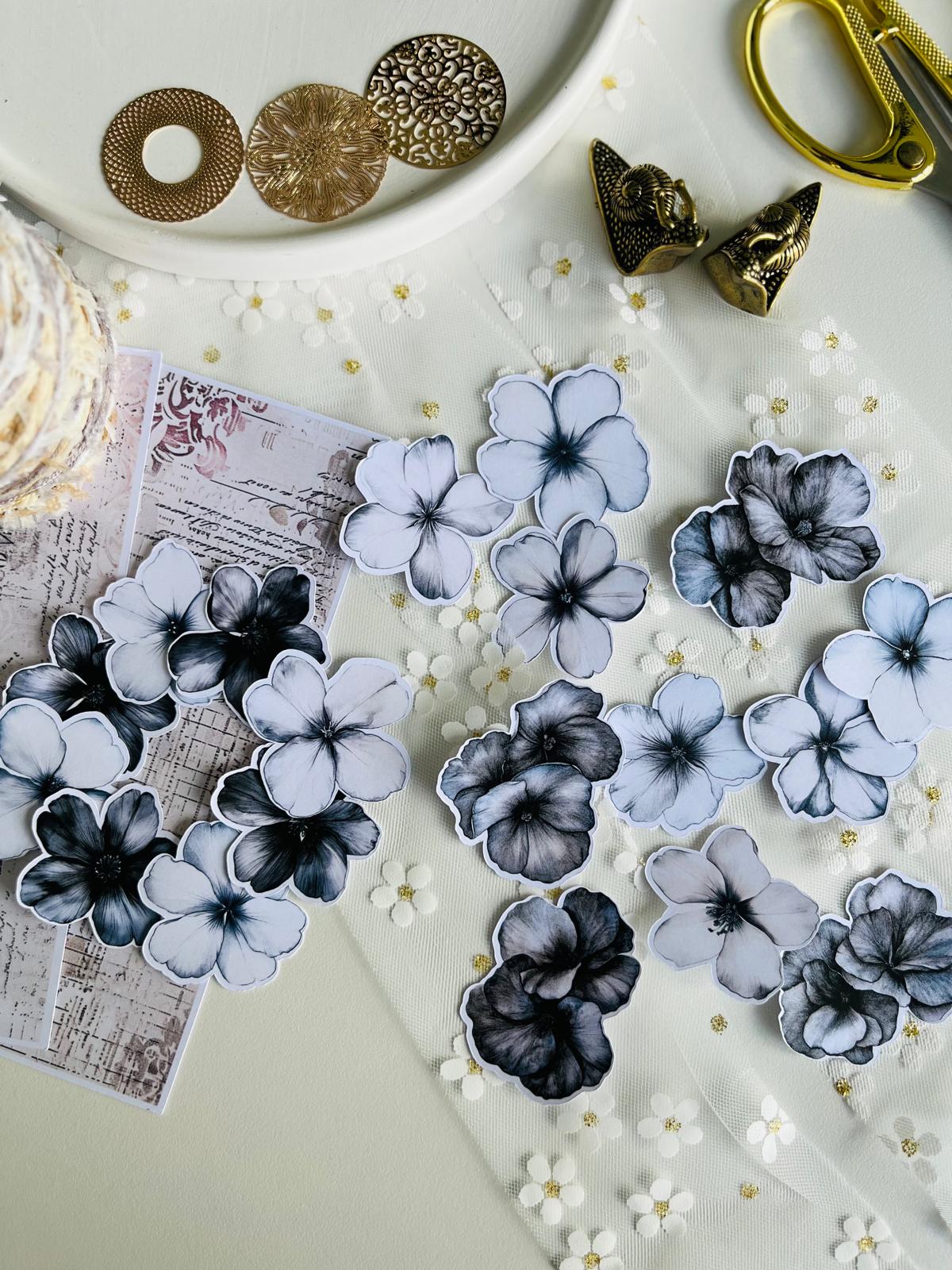 Monochrome Floral Paper Ephemera - 19 Pieces | 160gsm Paper