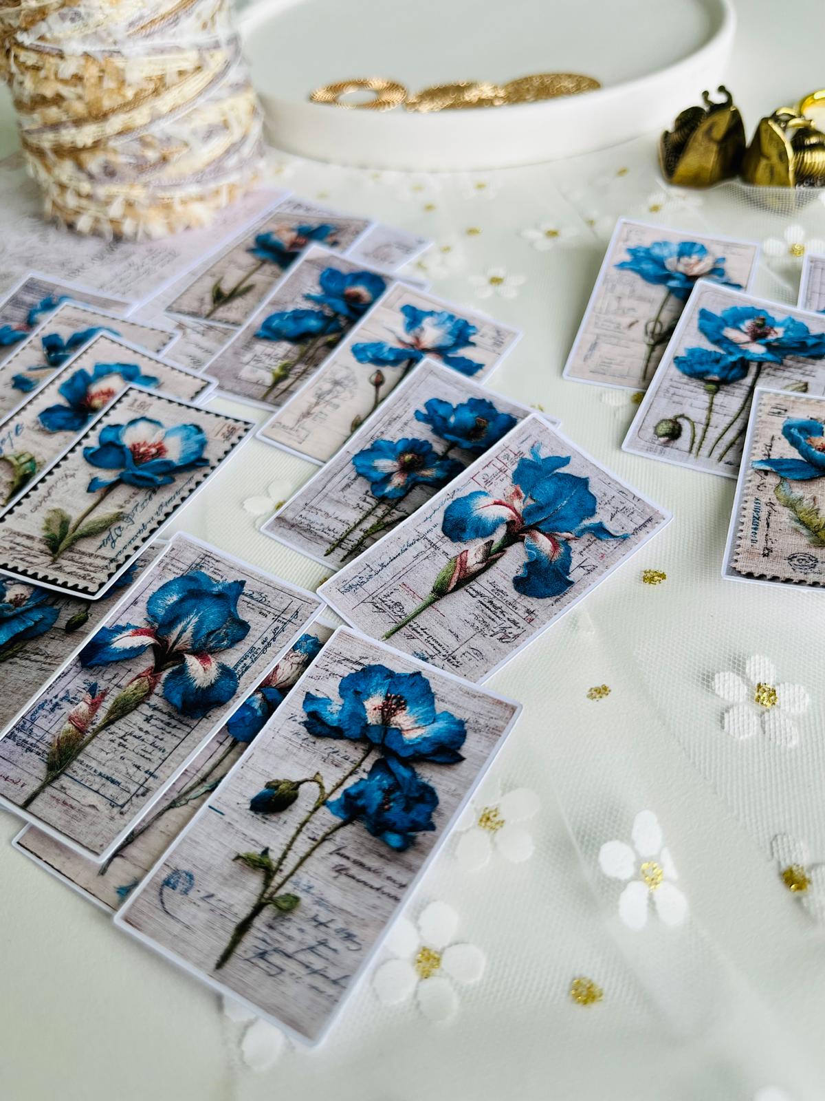 Blue Botanical Stamp Ephemera – 20 Pieces | 160gsm Paper