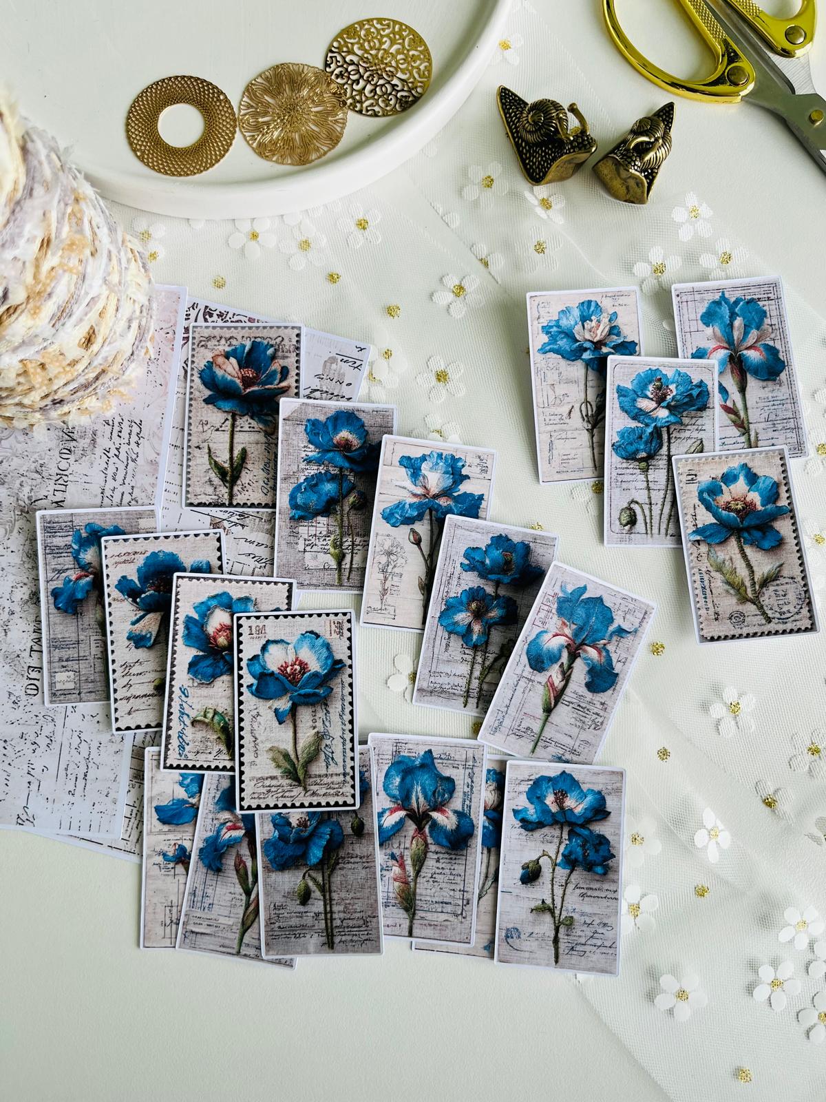 Blue Botanical Stamp Ephemera – 20 Pieces | 160gsm Paper