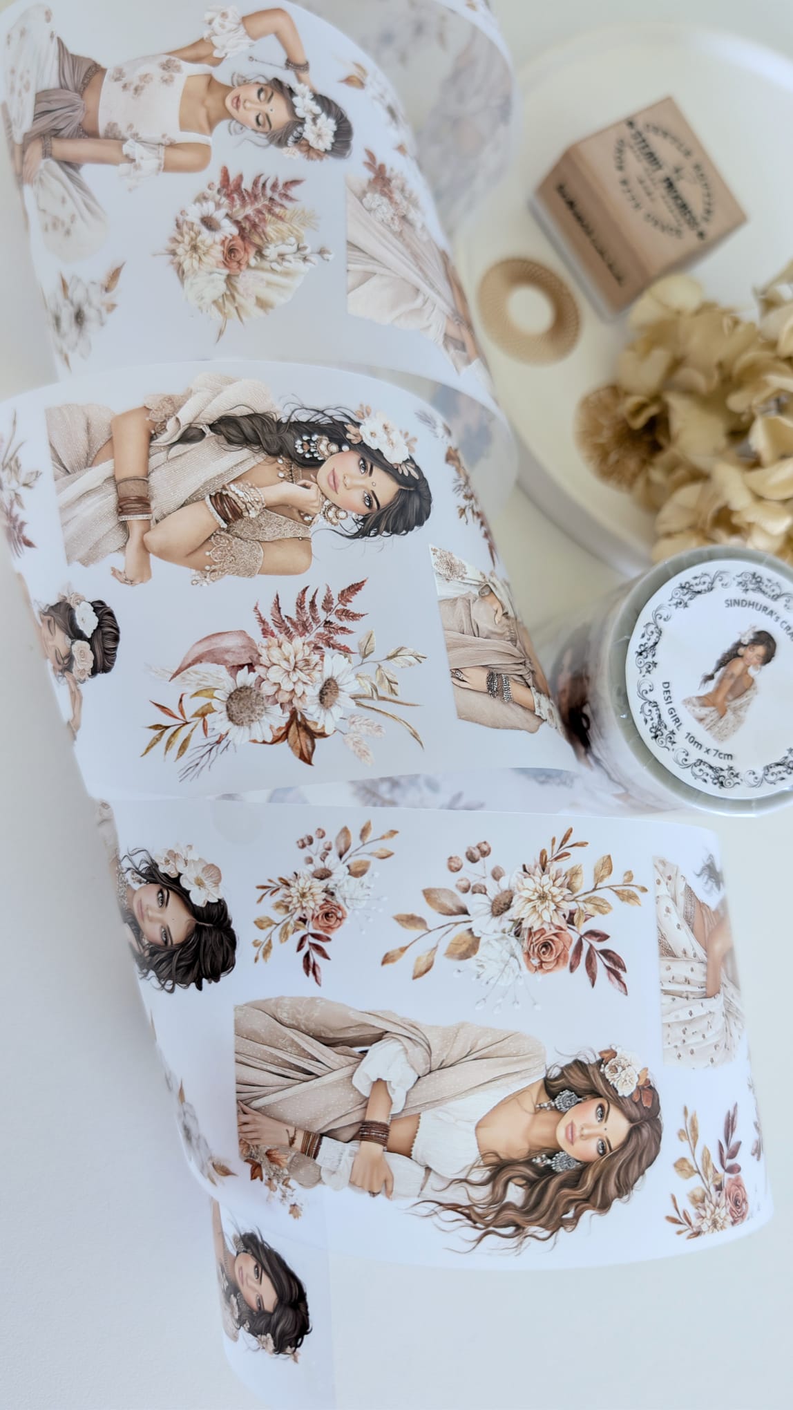 Matte PET Tape | Desi Girl Aesthetic | Warm Neutrals + Floral Clusters | 10m