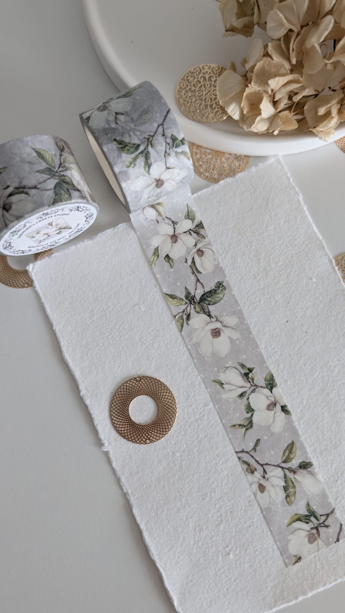 Magnolia on Mist Washi Tape | Soft Grey Floral Washi Tape | 10m Roll