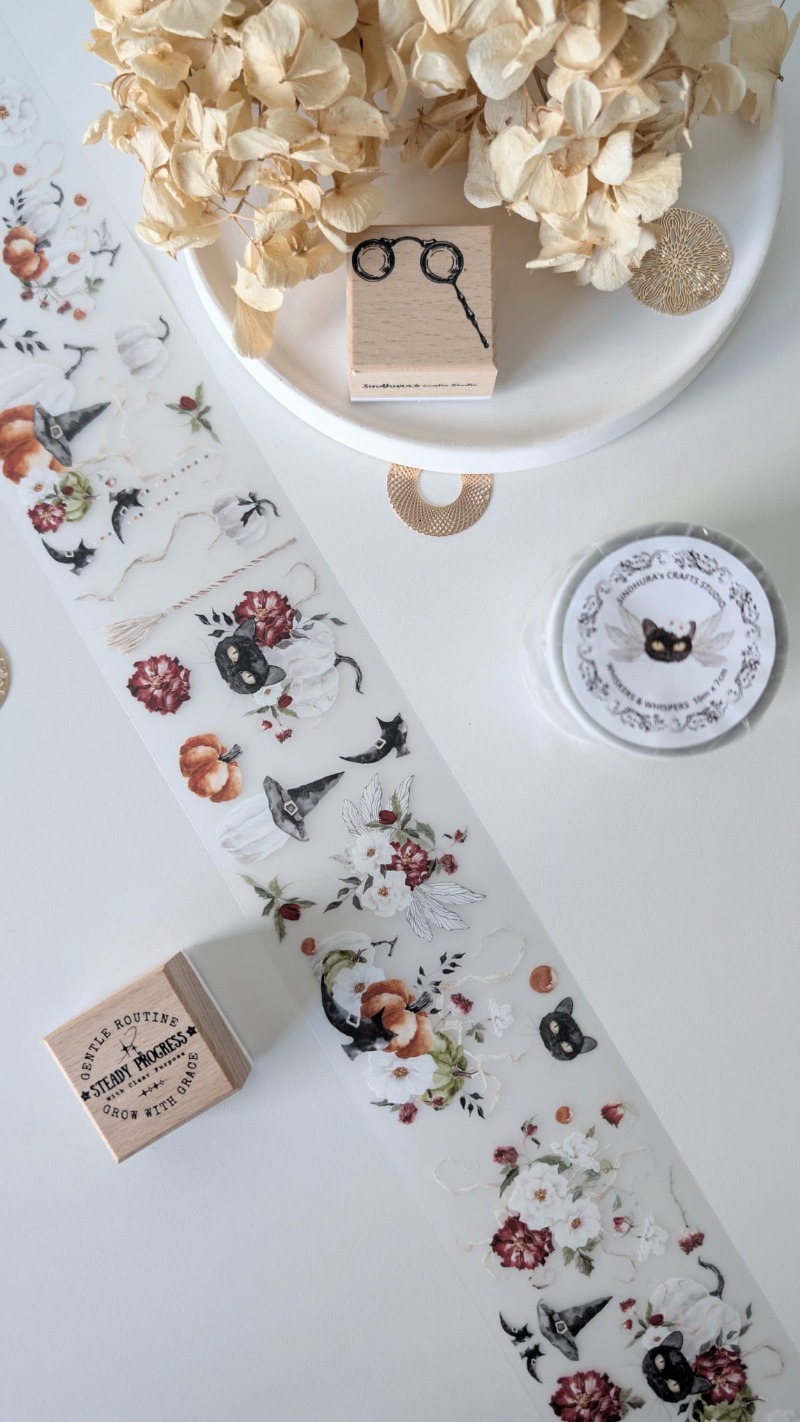 Whiskers & Whispers Matte PET Tape – Black Cat Floral Halloween Journaling Tape