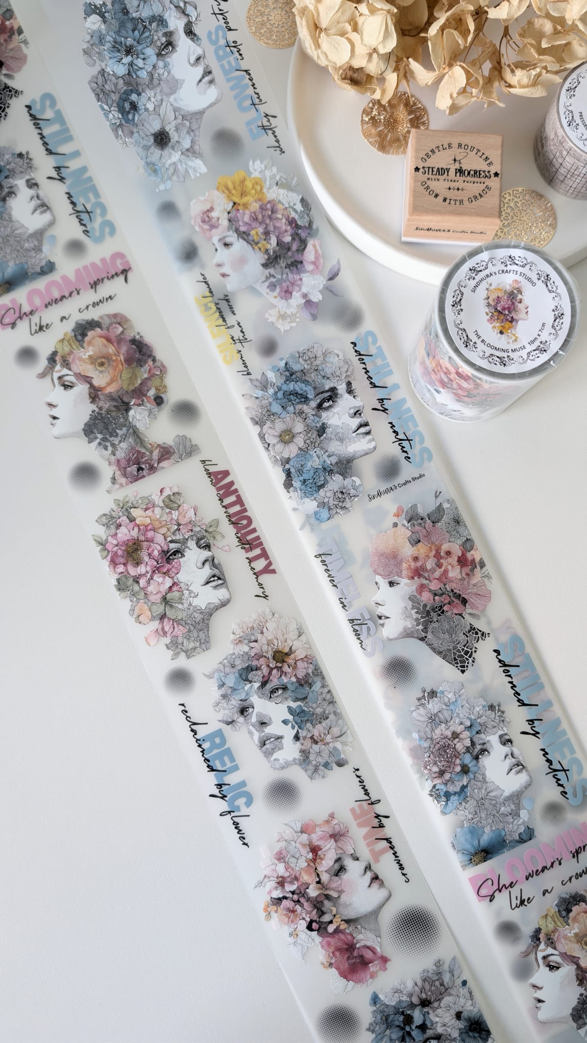 The Blooming Muse | Floral Portrait Collage PET Tape | Artistic Botanical Woman Sticker Sheet for Journaling – 100cm x 7cm