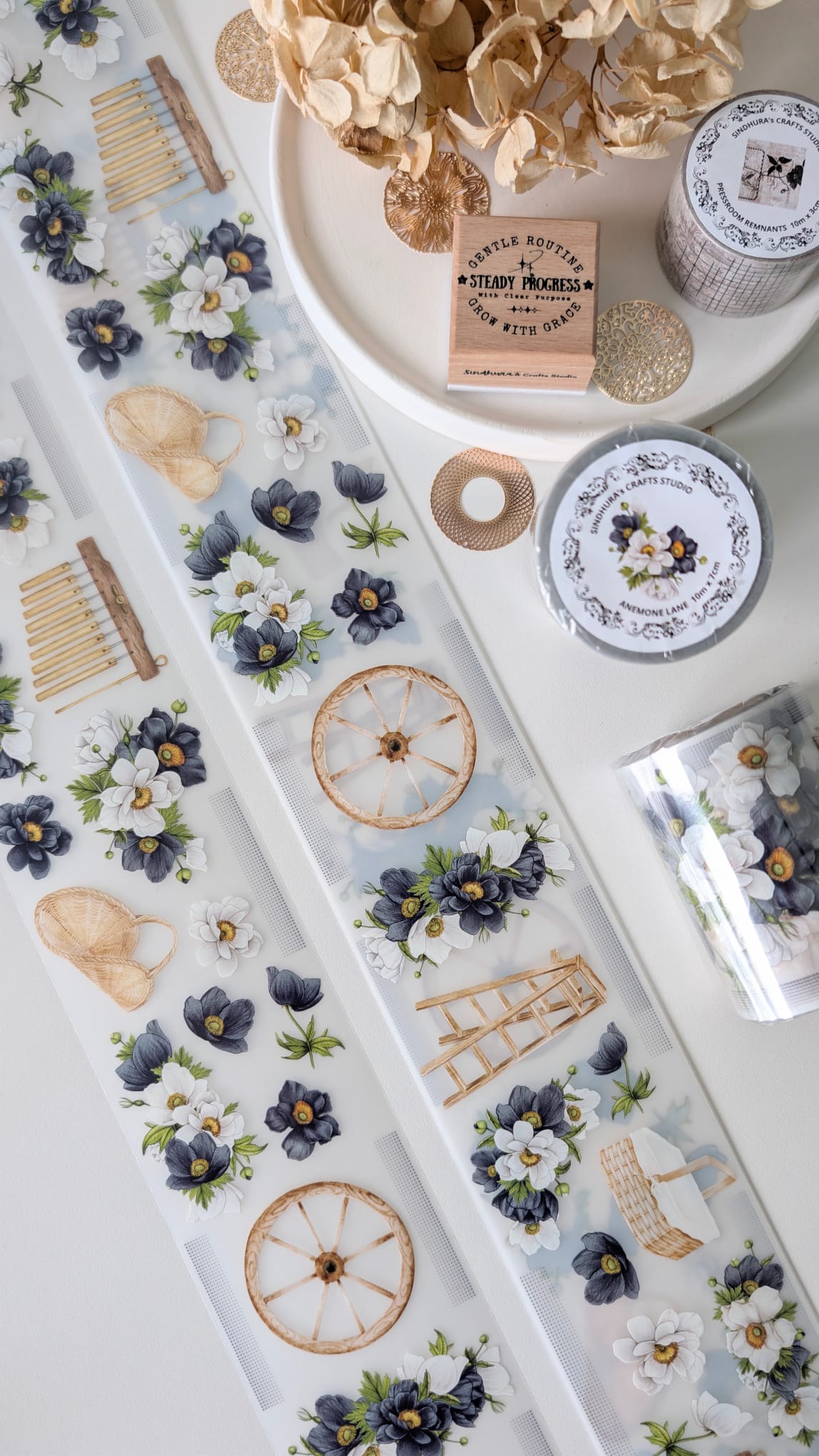 Anemone Lane | Navy & White Anemone Floral PET Tape | Botanical Sticker Roll for Journaling & Scrapbooking – 100cm x 7cm