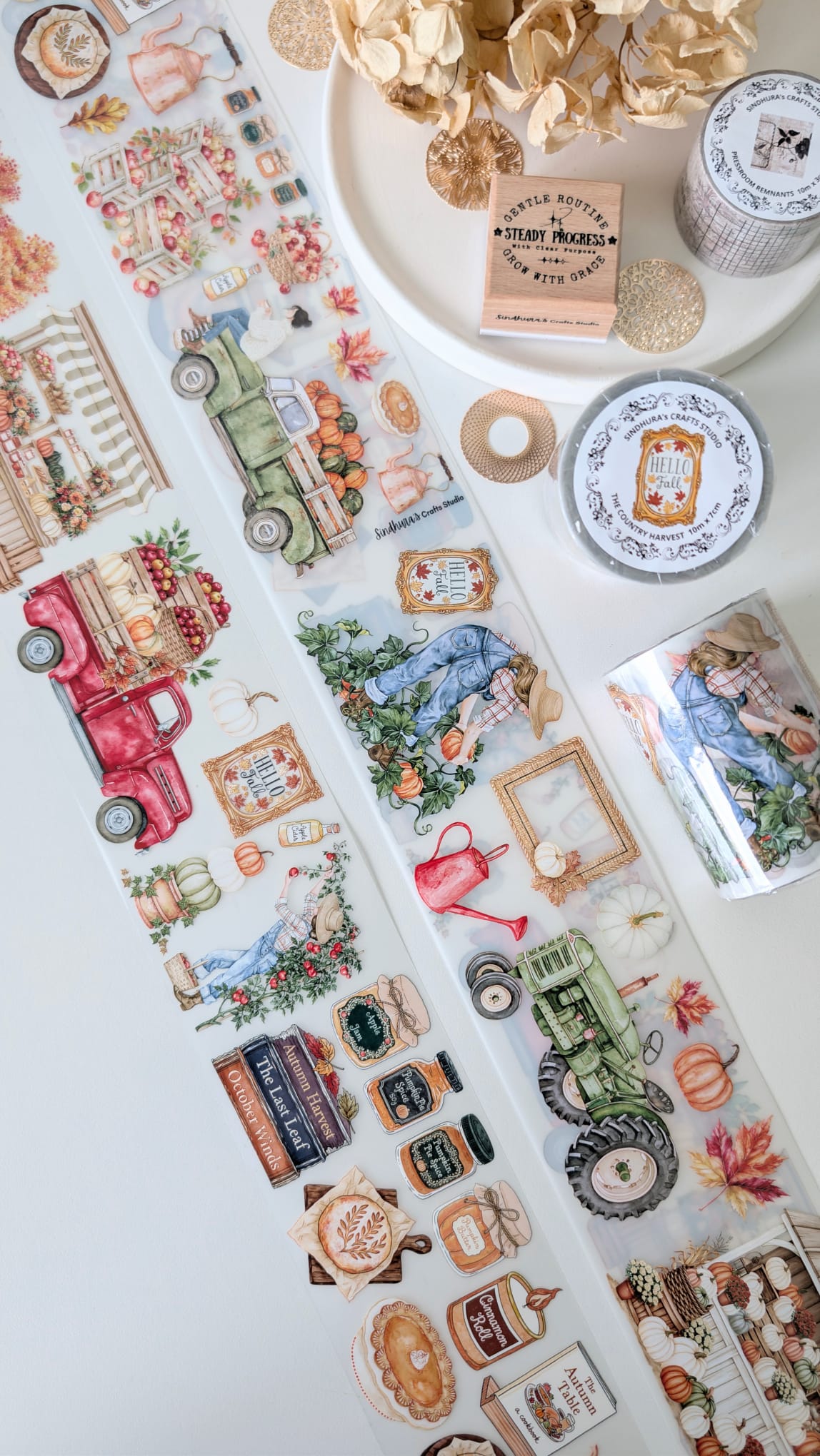 The Country Harvest | Fall Harvest PET Tape Roll | Autumn Farmhouse Stickers for Journaling, Scrapbooking & Planner Decor – 100cm x 7cm