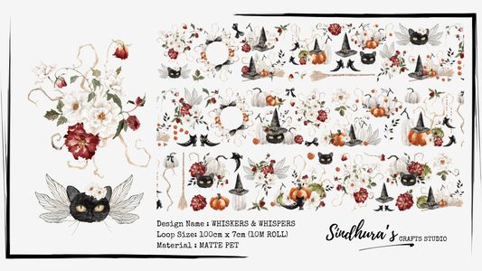 Whiskers & Whispers Matte PET Tape – Black Cat Floral Halloween Journaling Tape