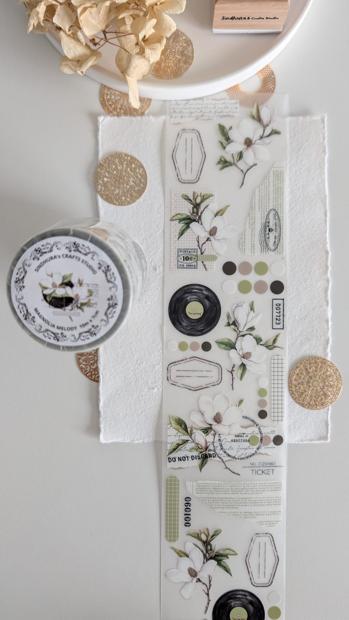 Magnolia Melody Matte PET Tape | White Magnolia Botanical Journaling Tape