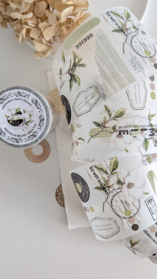 Magnolia Melody Matte PET Tape | White Magnolia Botanical Journaling Tape