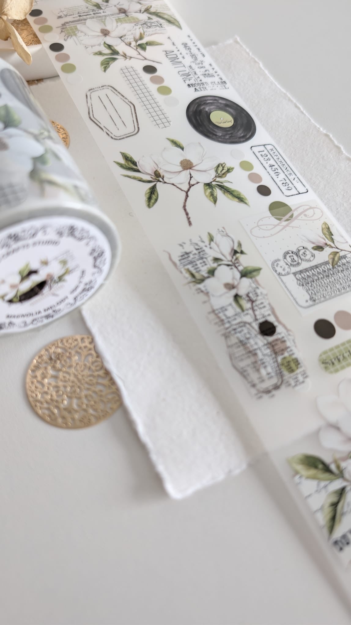 Magnolia Melody Matte PET Tape | White Magnolia Botanical Journaling Tape