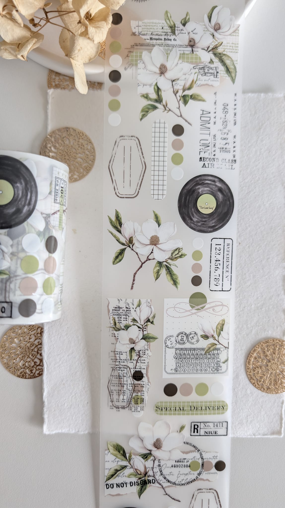 Magnolia Melody Matte PET Tape | White Magnolia Botanical Journaling Tape
