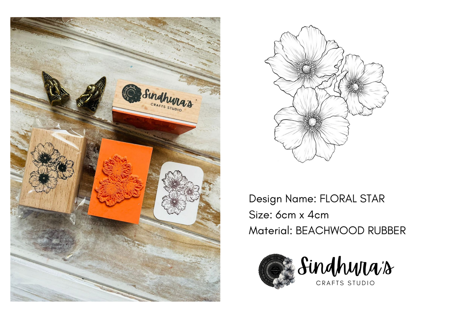 Floral Star | Wooden Rubber Stamp