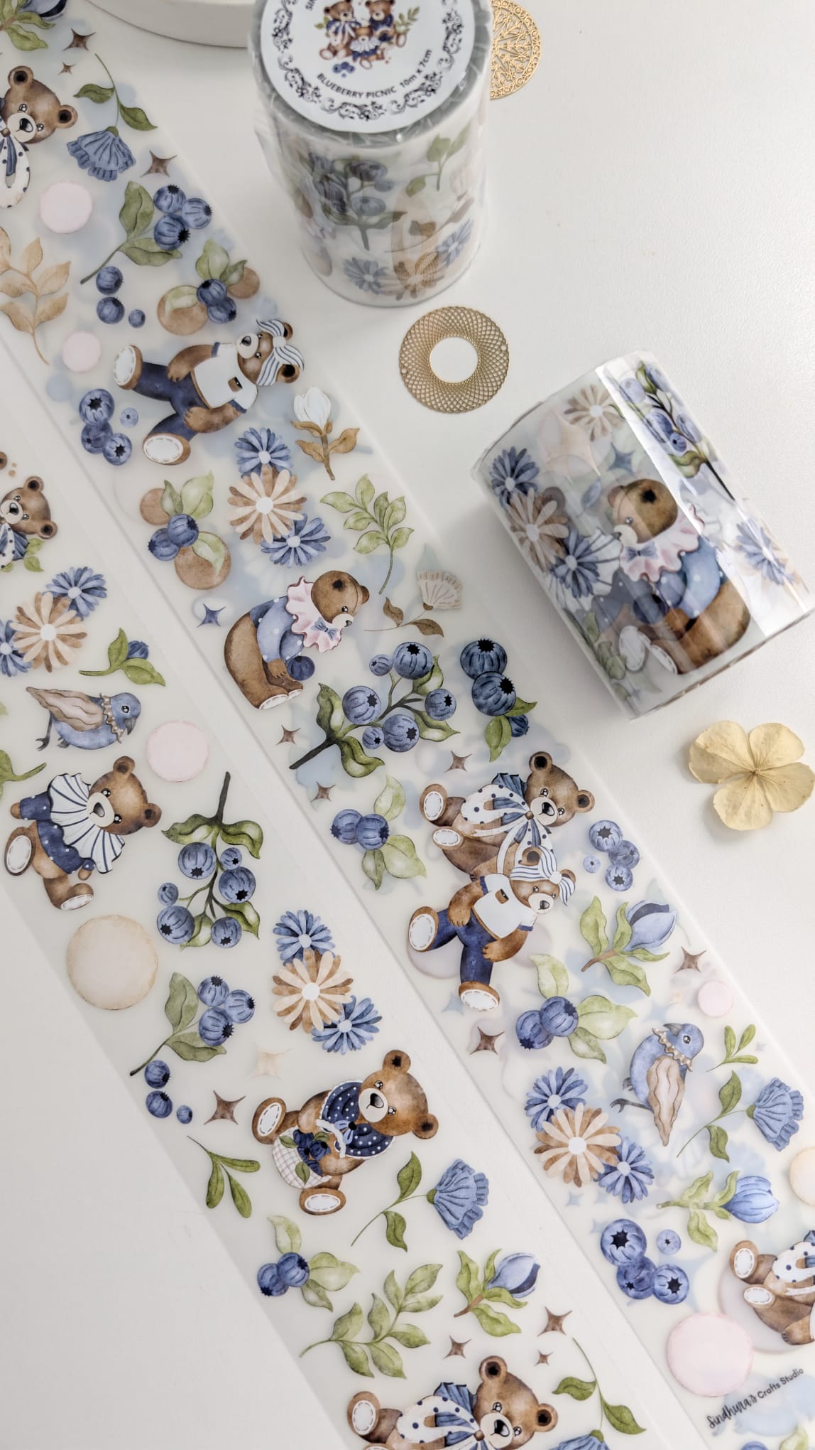 Blueberry Picnic - Teddy Bear & Botanical Matte PET Tape - Vintage Blueberry Sticker Roll for Art Journaling – 10m