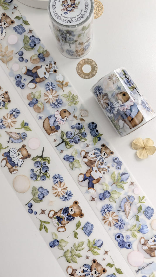 Blueberry Picnic - Teddy Bear & Botanical Matte PET Tape - Vintage Blueberry Sticker Roll for Art Journaling – 10m