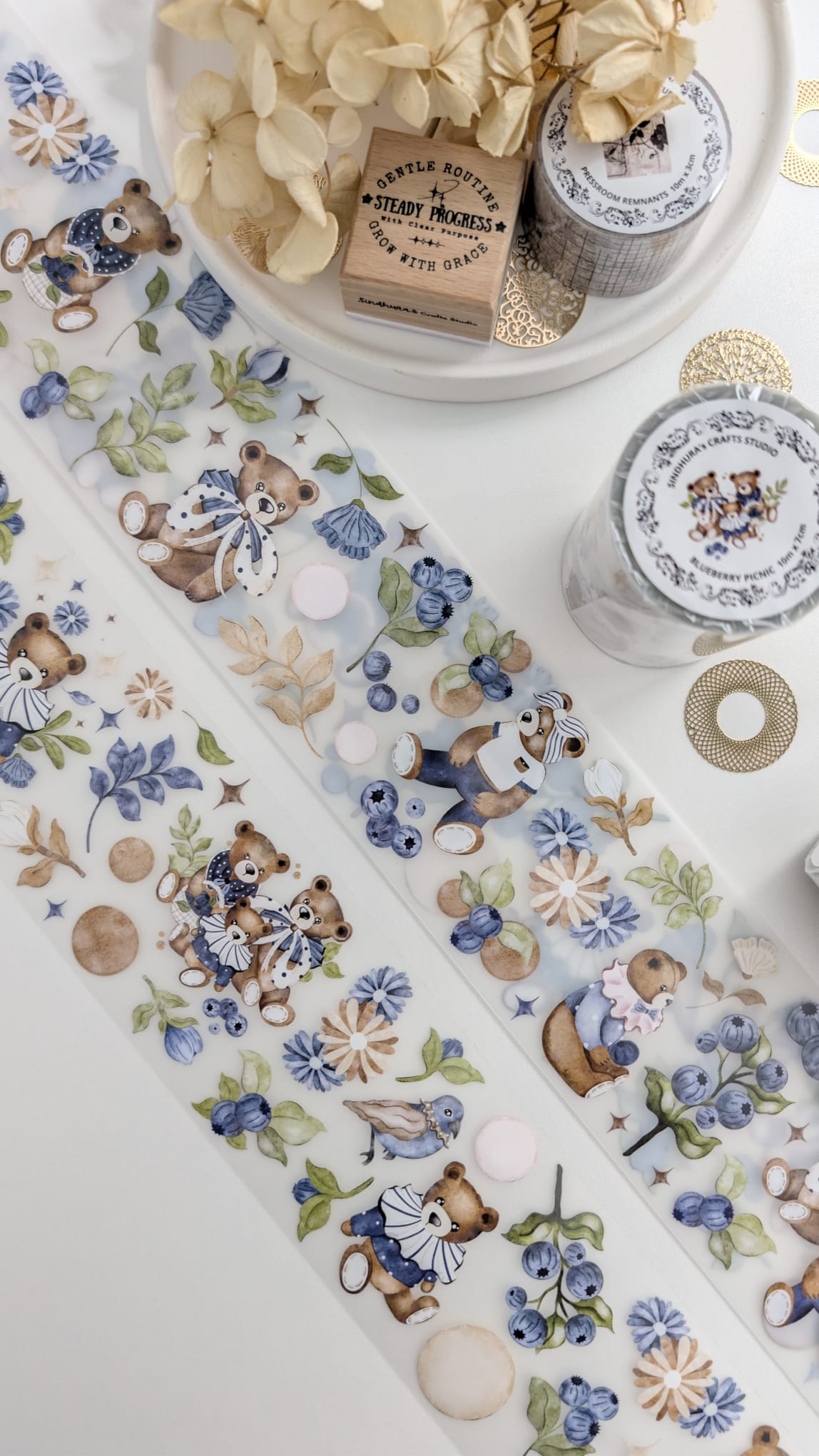 Blueberry Picnic - Teddy Bear & Botanical Matte PET Tape - Vintage Blueberry Sticker Roll for Art Journaling – 10m