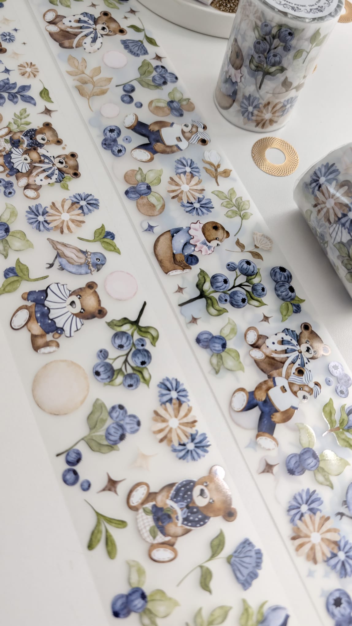 Blueberry Picnic - Teddy Bear & Botanical Matte PET Tape - Vintage Blueberry Sticker Roll for Art Journaling – 10m