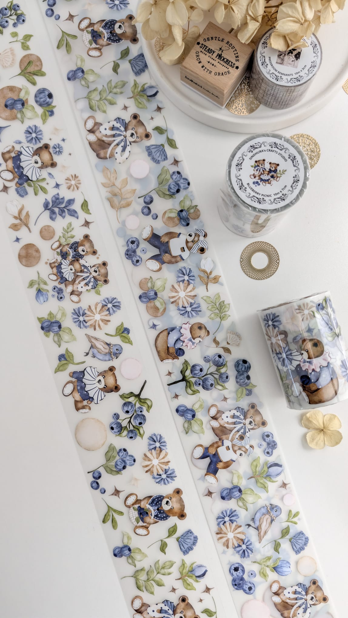 Blueberry Picnic - Teddy Bear & Botanical Matte PET Tape - Vintage Blueberry Sticker Roll for Art Journaling – 10m