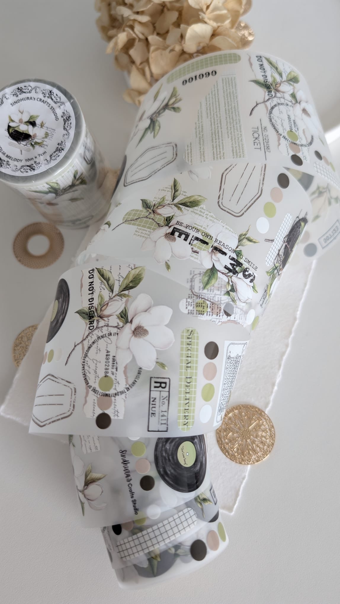 Magnolia Melody Matte PET Tape | White Magnolia Botanical Journaling Tape