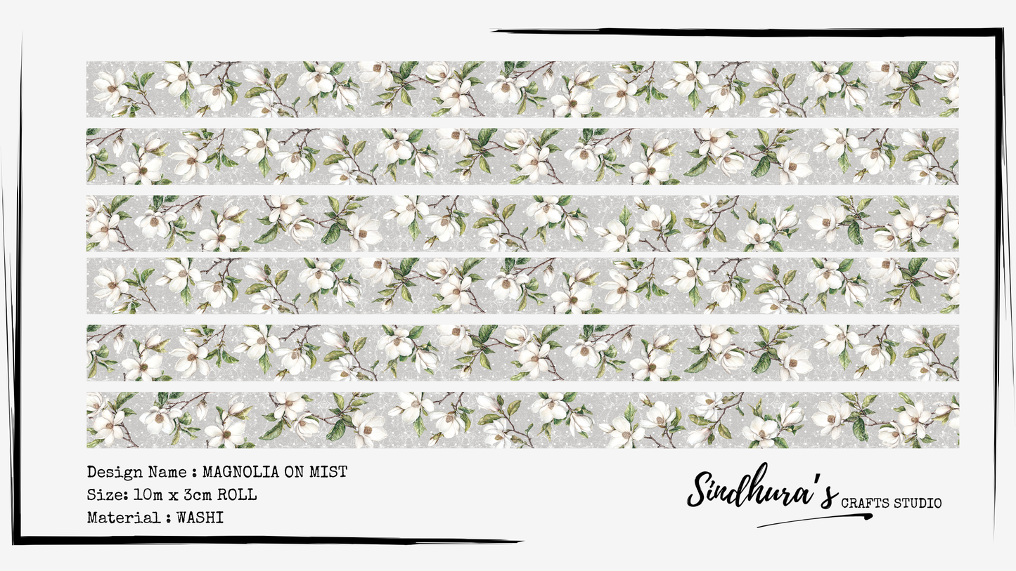 Magnolia on Mist Washi Tape | Soft Grey Floral Washi Tape | 10m Roll