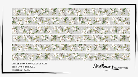 Magnolia on Mist Washi Tape | Soft Grey Floral Washi Tape | 10m Roll