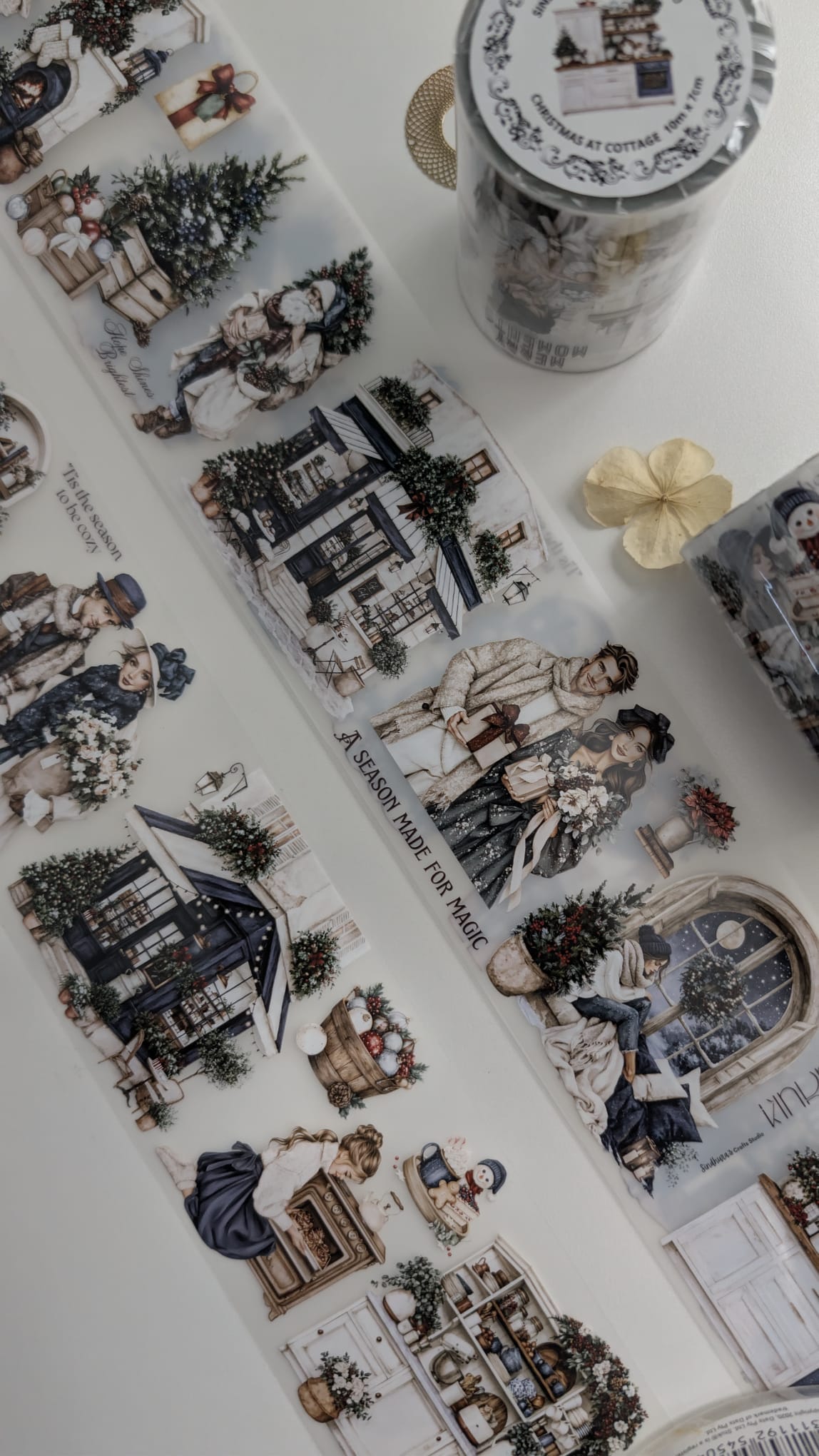 Christmas at Cottage - Vintage Christmas Matte PET Tape - Santa, Festive Cottages & Winter Journaling Sticker Roll – 10m