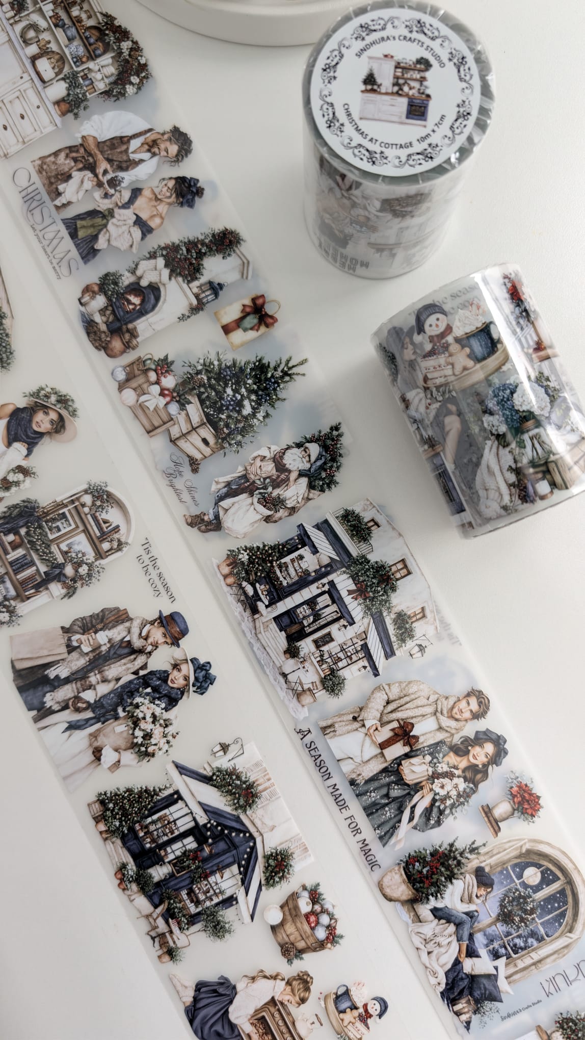Christmas at Cottage - Vintage Christmas Matte PET Tape - Santa, Festive Cottages & Winter Journaling Sticker Roll – 10m