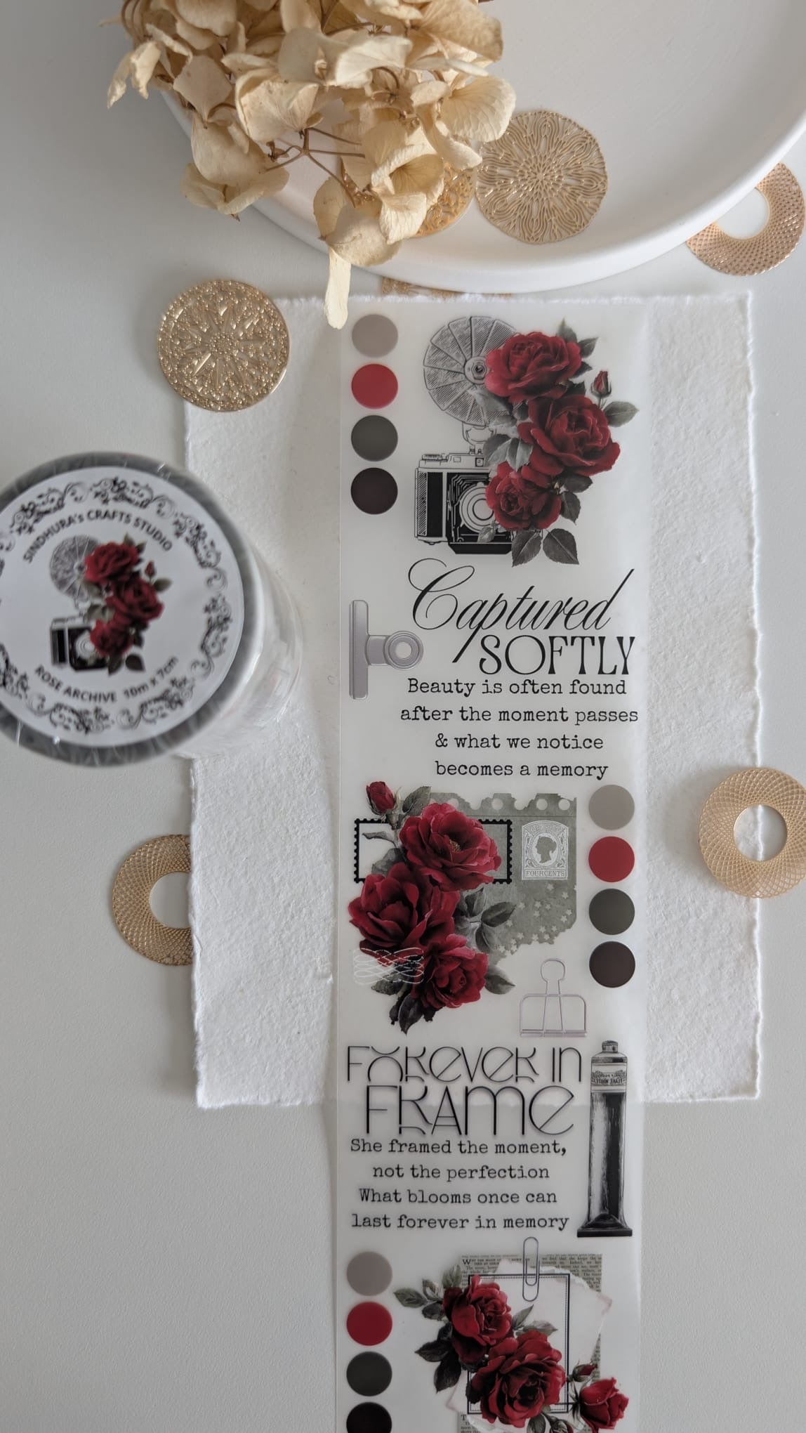 Rose Archive Matte PET Tape | Red Rose Vintage Camera Journaling Tape