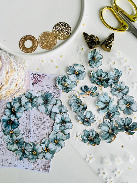 Green Floral Paper Ephemera - 30 Pieces | 160gsm Paper