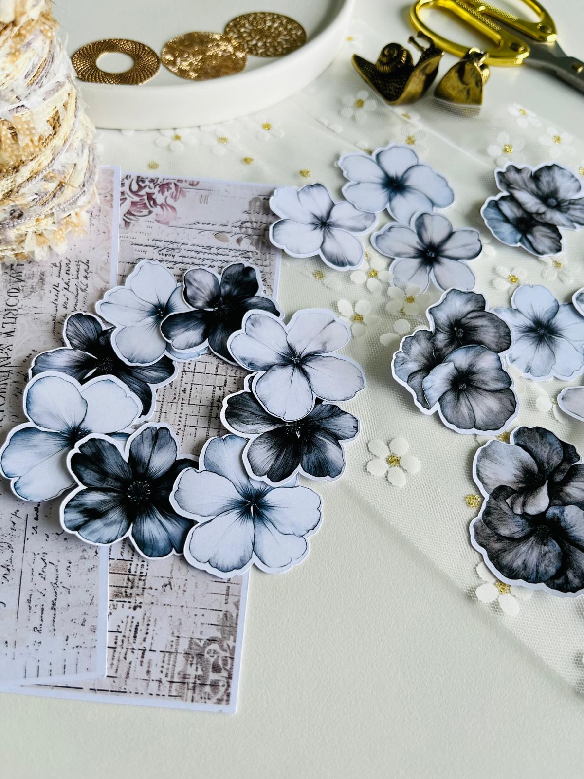 Monochrome Floral Paper Ephemera - 19 Pieces | 160gsm Paper