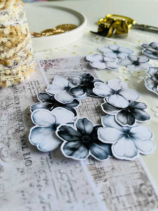 Monochrome Floral Paper Ephemera - 19 Pieces | 160gsm Paper