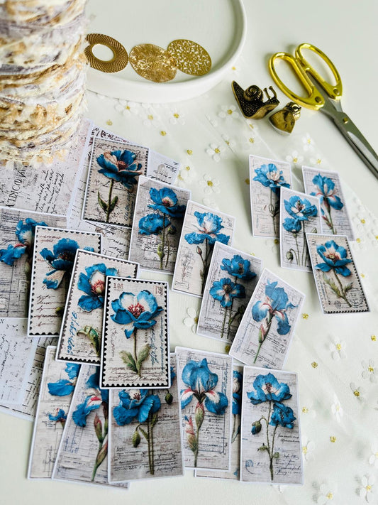 Blue Botanical Stamp Ephemera – 20 Pieces | 160gsm Paper