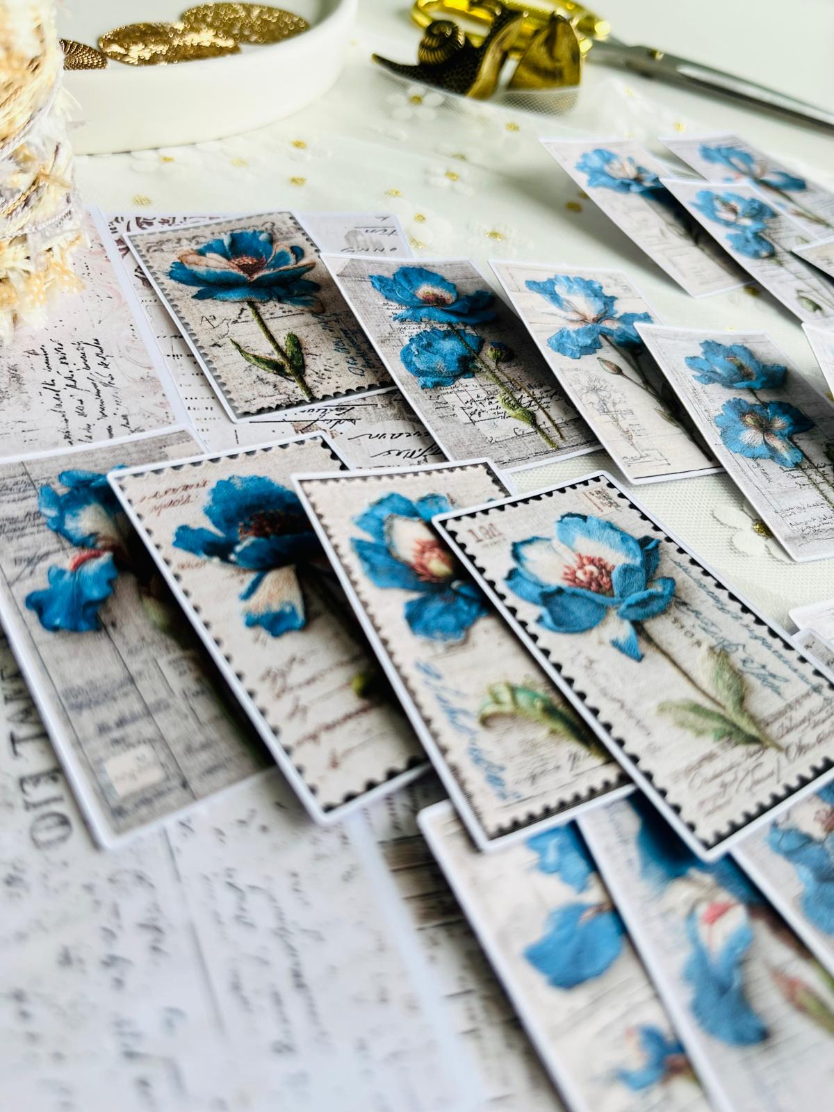 Blue Botanical Stamp Ephemera – 20 Pieces | 160gsm Paper