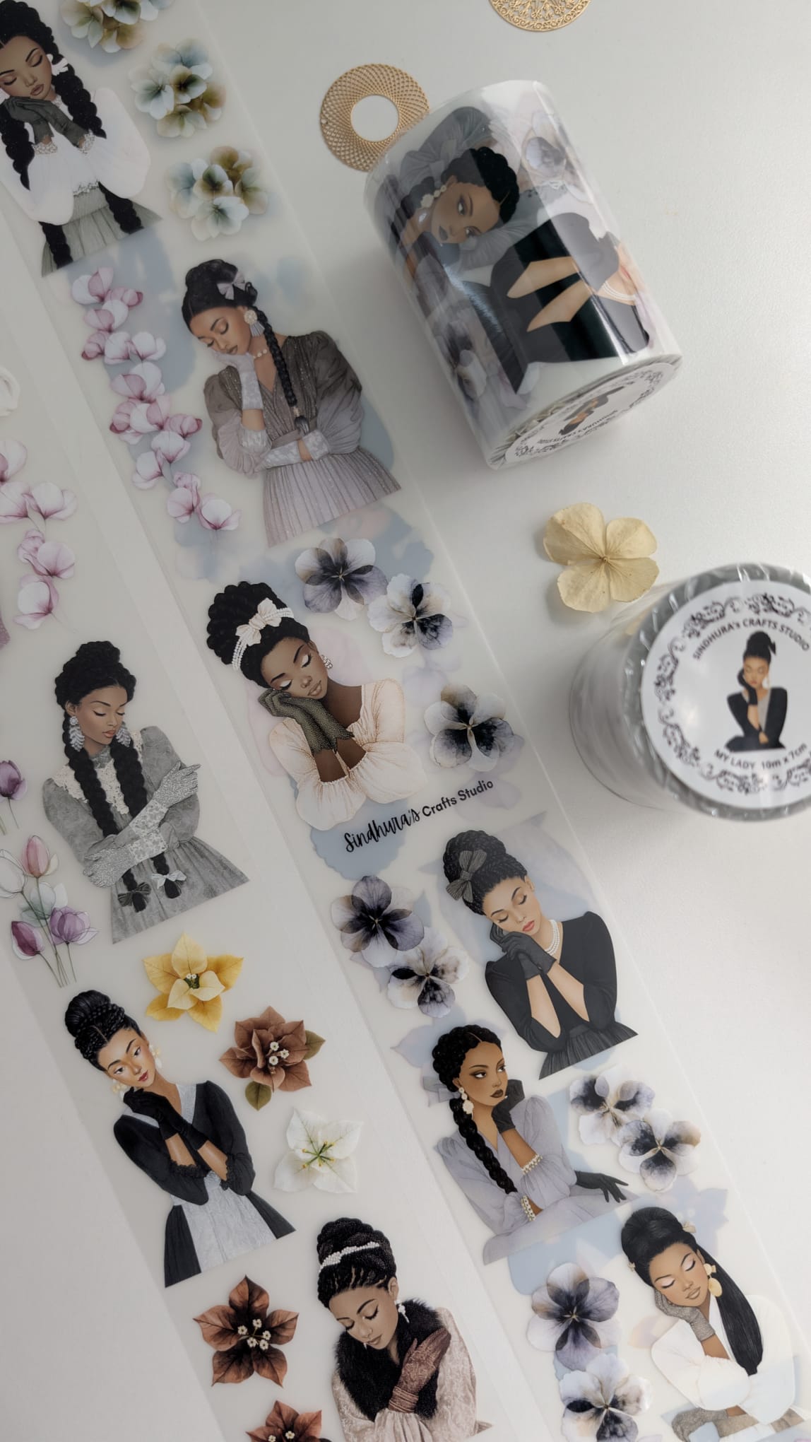 My Lady | Elegant Women & Floral Matte PET Tape | Feminine Fashion Illustration Sticker Roll for Art Journaling – 10m