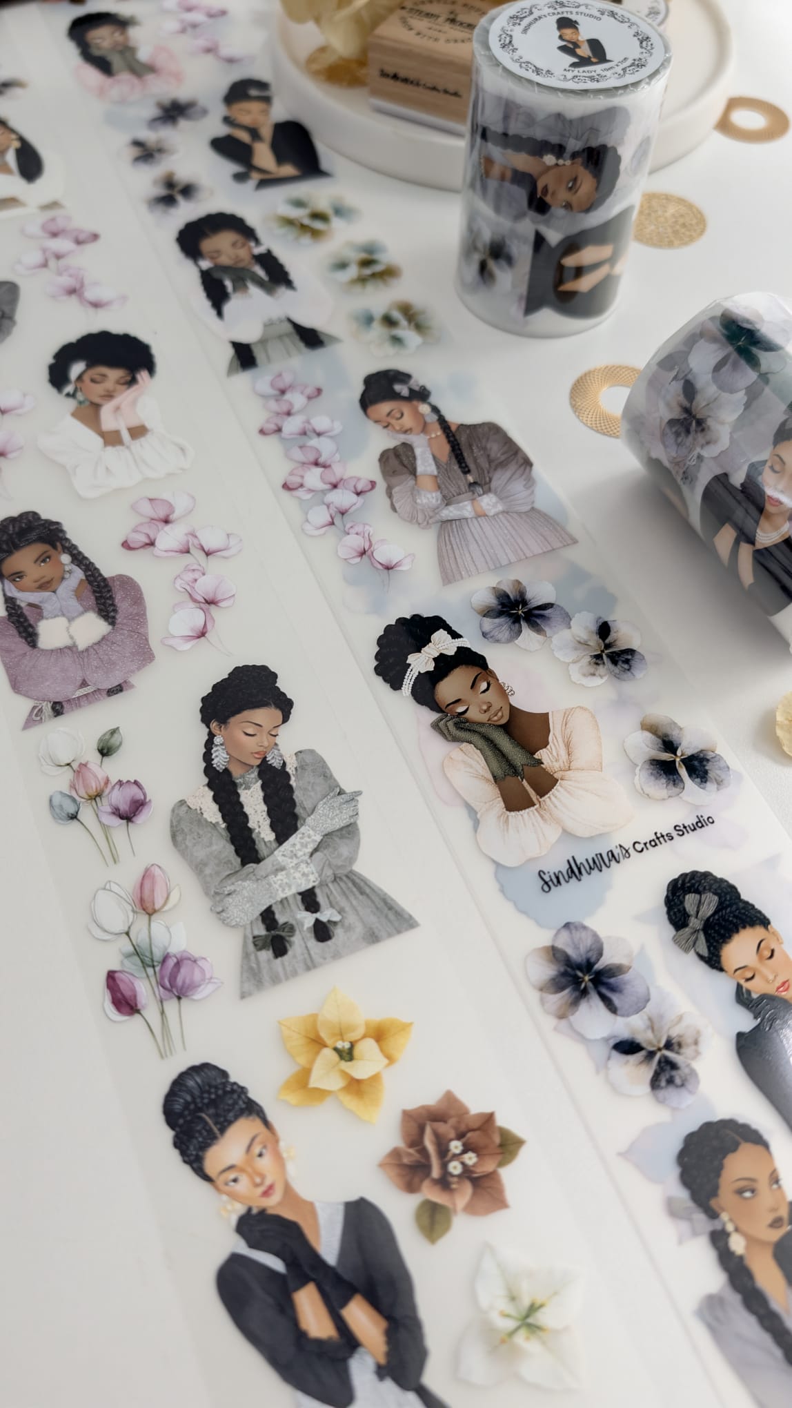 My Lady | Elegant Women & Floral Matte PET Tape | Feminine Fashion Illustration Sticker Roll for Art Journaling – 10m