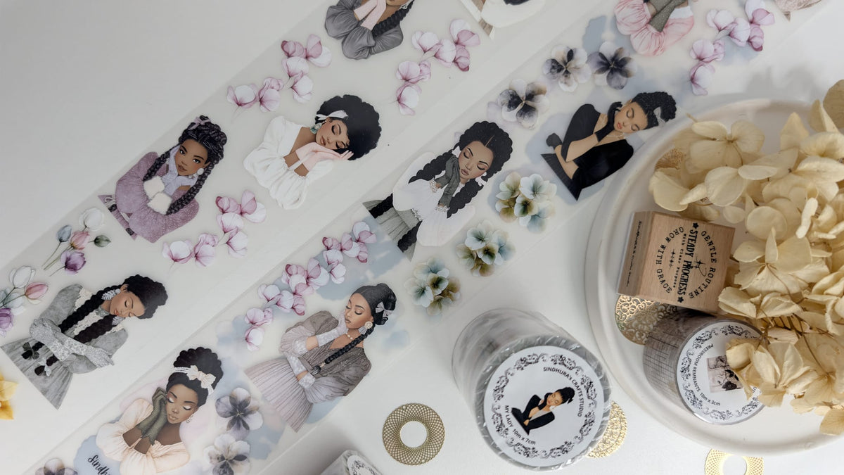 My Lady | Elegant Women & Floral Matte PET Tape | Feminine Fashion Illustration Sticker Roll for Art Journaling – 10m