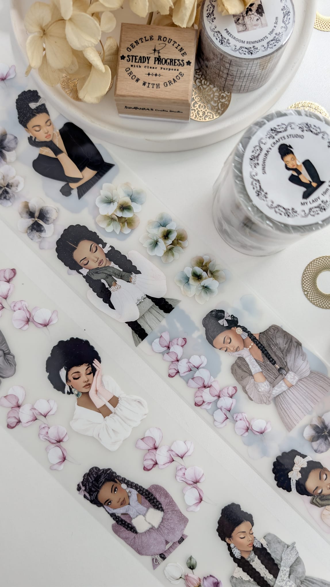My Lady | Elegant Women & Floral Matte PET Tape | Feminine Fashion Illustration Sticker Roll for Art Journaling – 10m