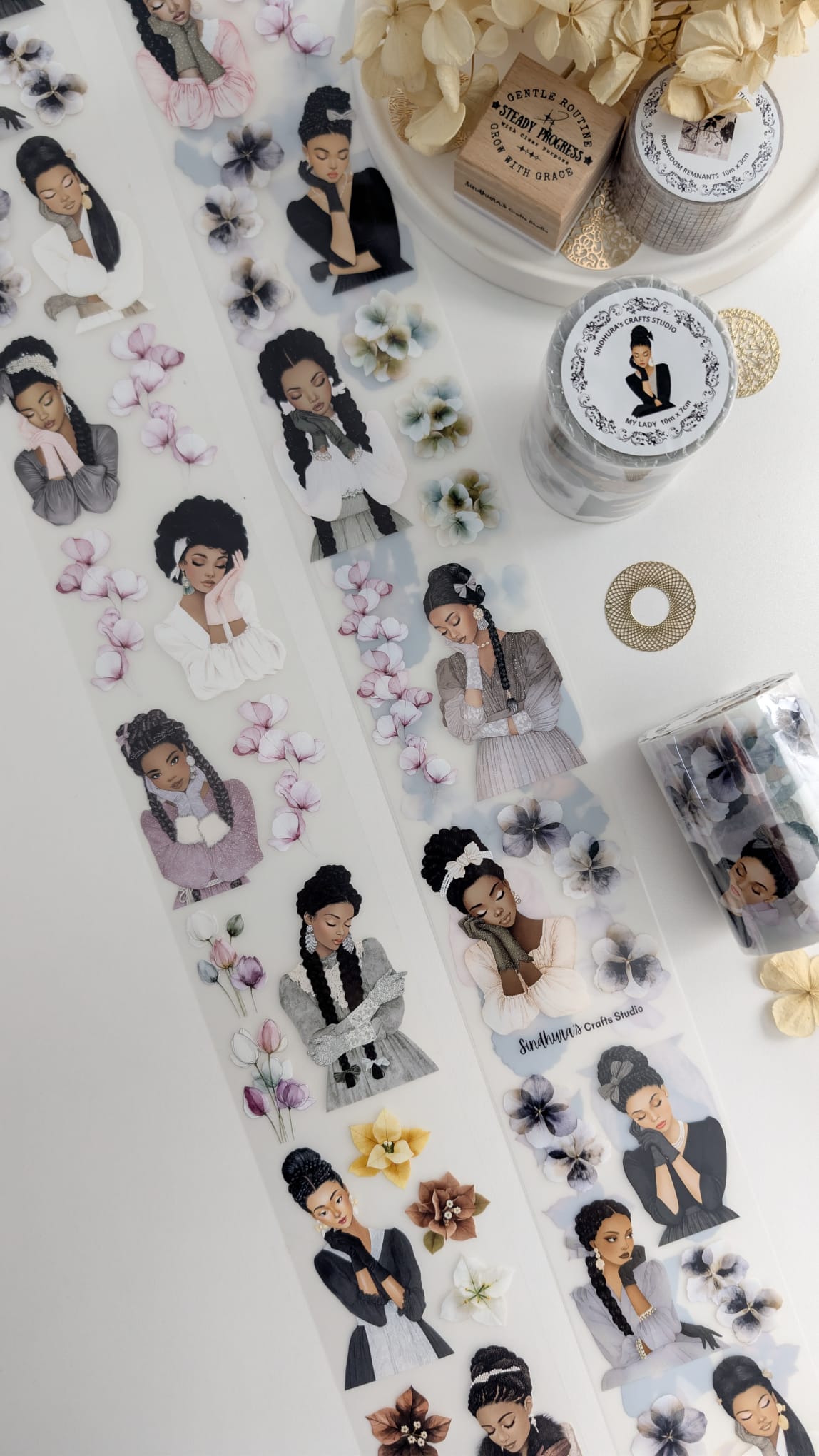 My Lady | Elegant Women & Floral Matte PET Tape | Feminine Fashion Illustration Sticker Roll for Art Journaling – 10m