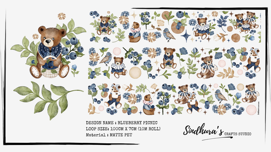 Blueberry Picnic - Teddy Bear & Botanical Matte PET Tape - Vintage Blueberry Sticker Roll for Art Journaling – 10m
