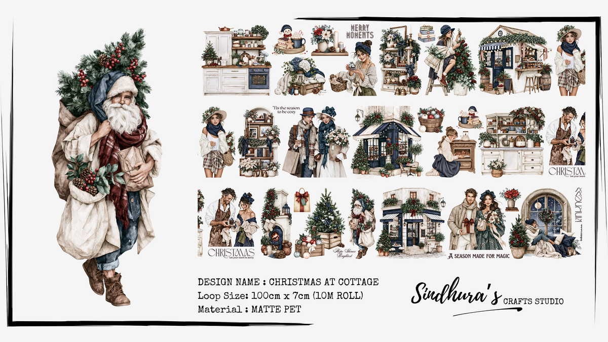 Christmas at Cottage - Vintage Christmas Matte PET Tape - Santa, Festive Cottages & Winter Journaling Sticker Roll – 10m