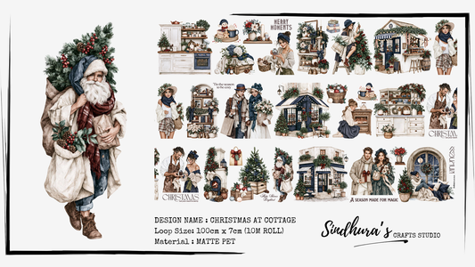 Christmas at Cottage - Vintage Christmas Matte PET Tape - Santa, Festive Cottages & Winter Journaling Sticker Roll – 10m