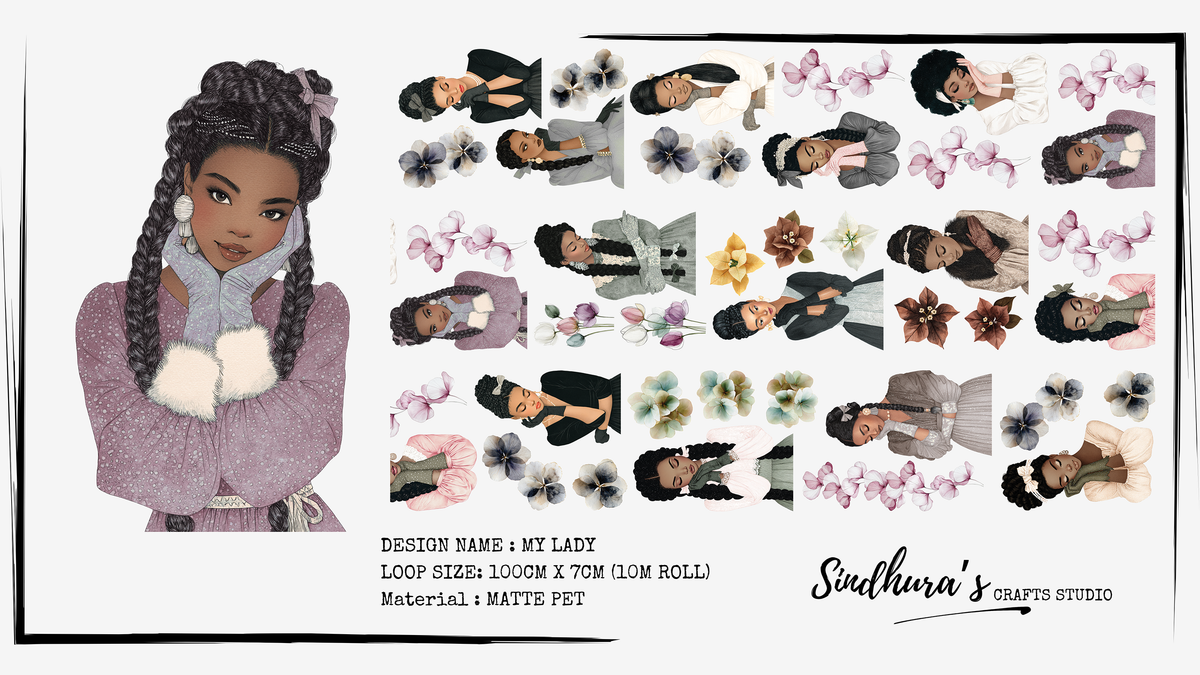 My Lady | Elegant Women & Floral Matte PET Tape | Feminine Fashion Illustration Sticker Roll for Art Journaling – 10m