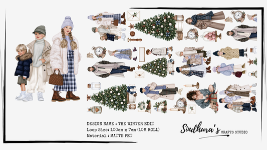 The Winter Edit | Winter Fashion Matte PET Tape | Stylish Illustrated Figures & Christmas Botanicals for Journaling – 10m