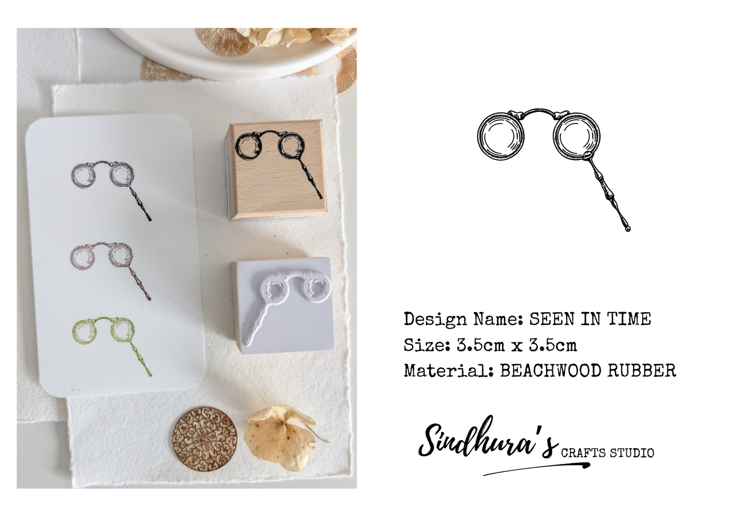 Seen In Time Beechwood Rubber Stamp | Vintage Spectacles Stamp
