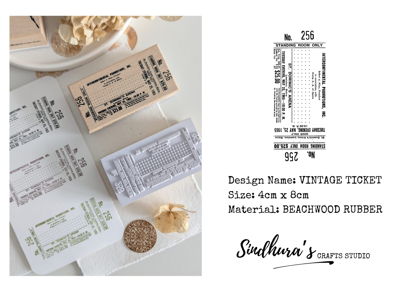 Vintage Ticket Beechwood Rubber Stamp | Retro Event Ticket Stamp