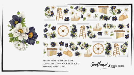 Anemone Lane | Navy & White Anemone Floral PET Tape | Botanical Sticker Roll for Journaling & Scrapbooking – 100cm x 7cm