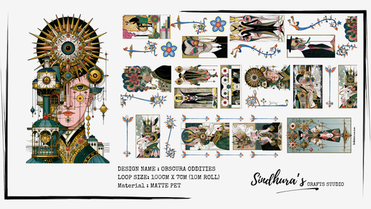 Obscura Oddities | Surreal Illustrated Figures PET Tape | Ornate Vintage Curiosities Sticker Roll for Art Journaling – 100cm x 7cm