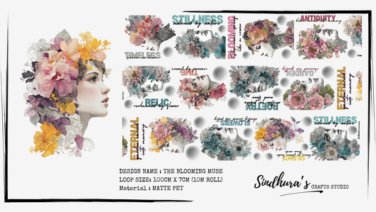 The Blooming Muse | Floral Portrait Collage PET Tape | Artistic Botanical Woman Sticker Sheet for Journaling – 100cm x 7cm