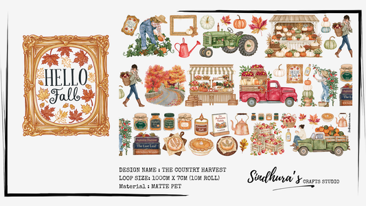 The Country Harvest | Fall Harvest PET Tape Roll | Autumn Farmhouse Stickers for Journaling, Scrapbooking & Planner Decor – 100cm x 7cm