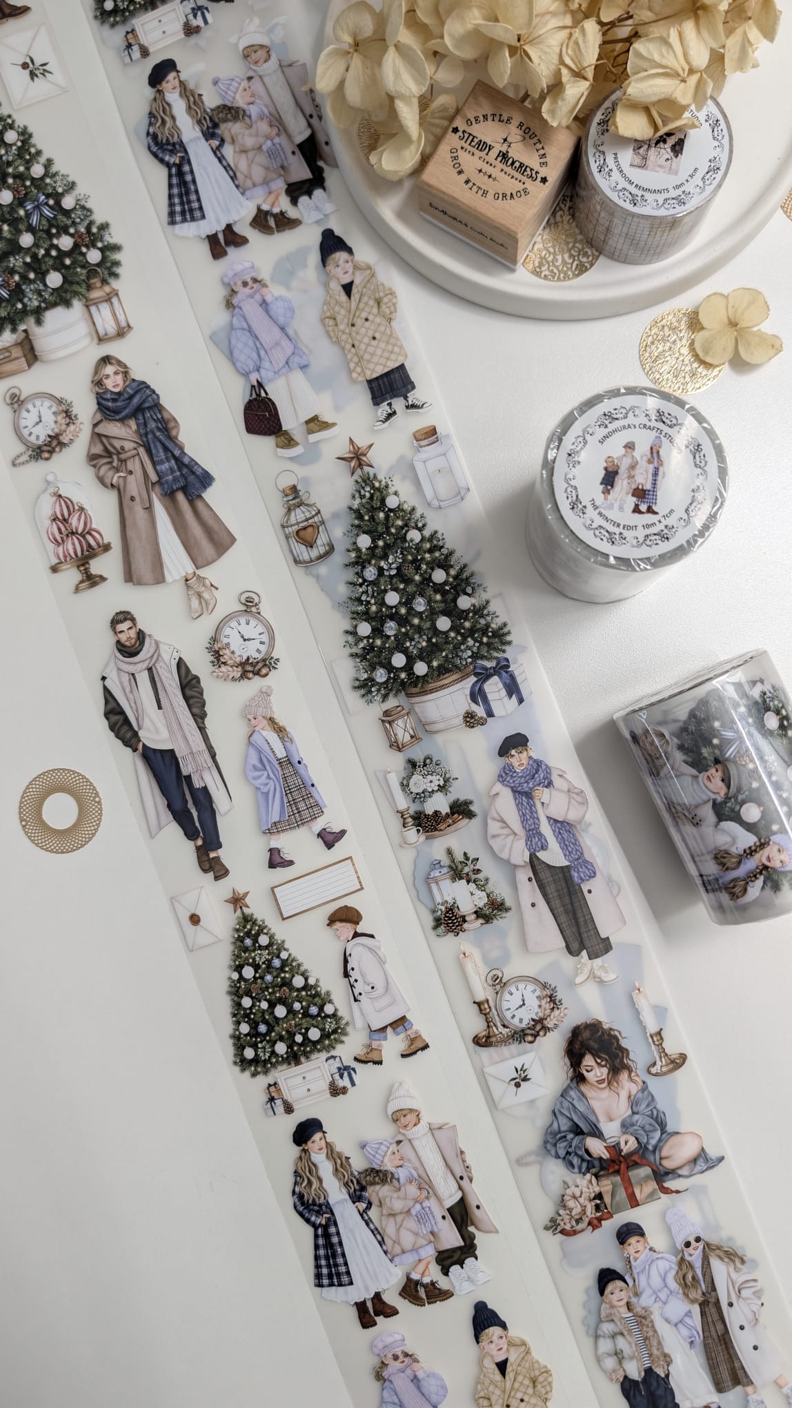 The Winter Edit | Winter Fashion Matte PET Tape | Stylish Illustrated Figures & Christmas Botanicals for Journaling – 10m